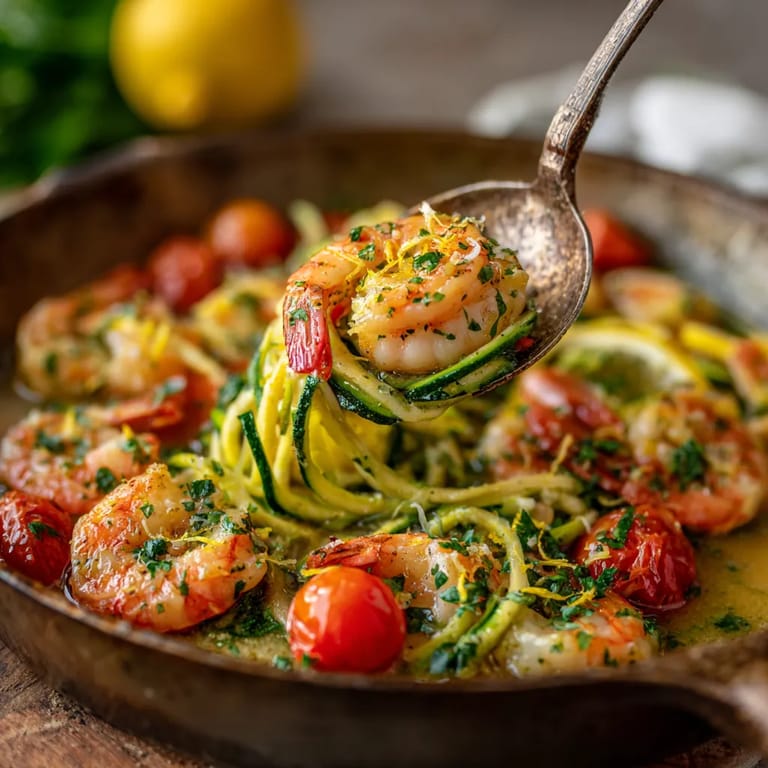 A pan of garlic butter shrimp scampi with zucchini noodles.