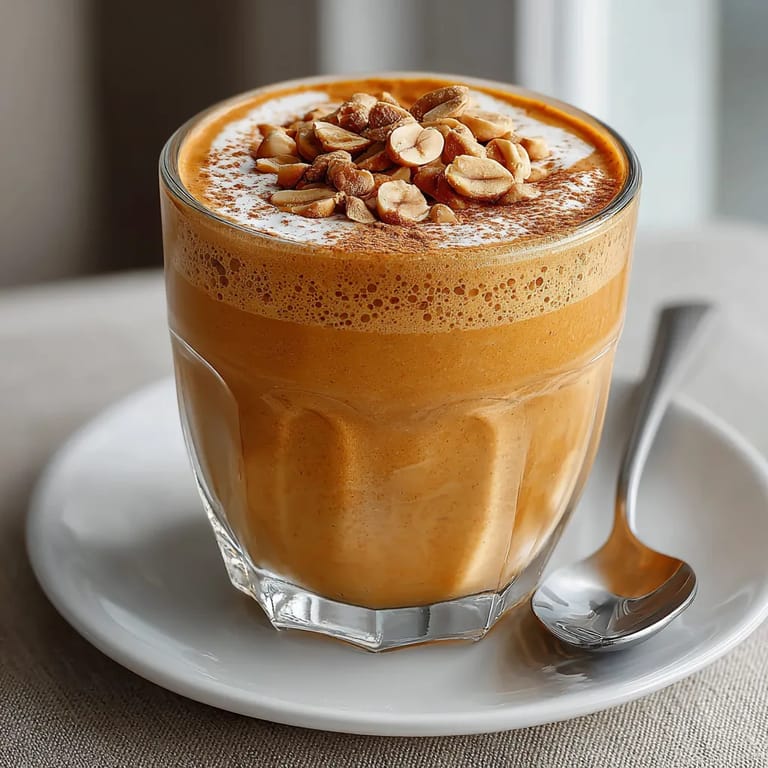 A glass of a sweet potato and peanut butter protein smoothie.