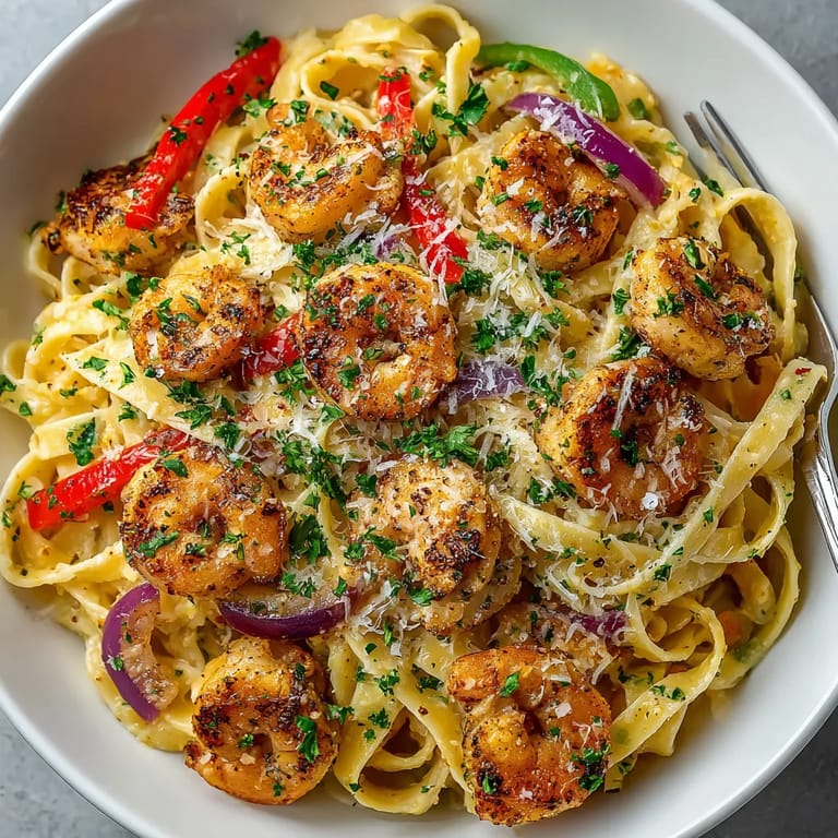 A bowl of Cajun chicken and shrimp pasta.