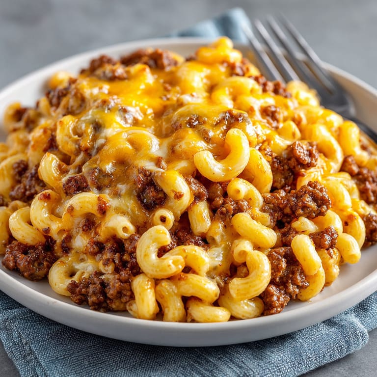 A plate of macaroni and cheese with beef.