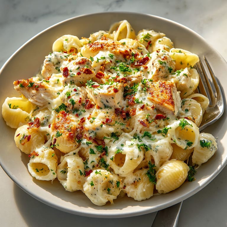 A plate of pasta with chicken and cheese.