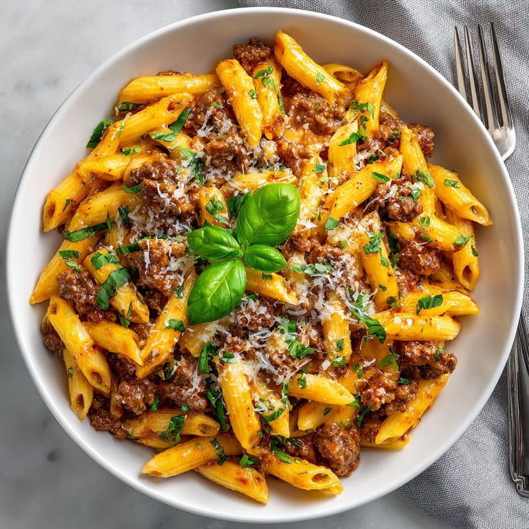 A bowl of pasta with meat and cheese.