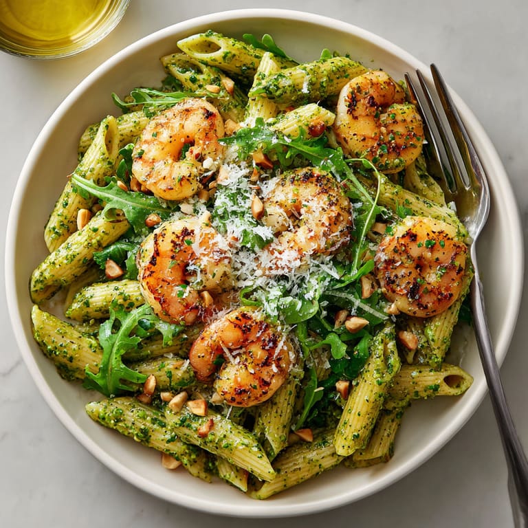 A bowl of pasta with shrimp and spinach.