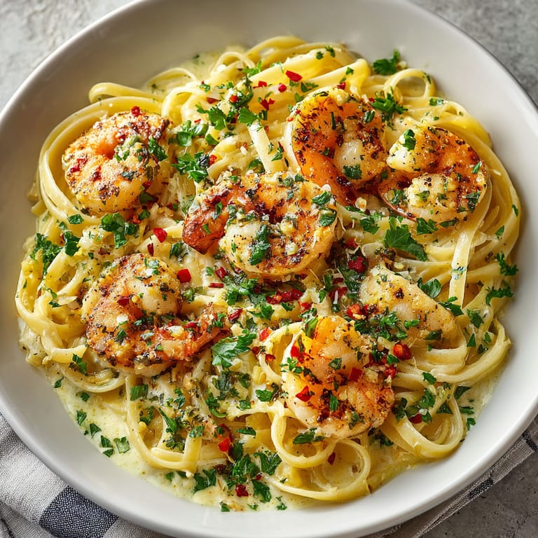 A bowl of pasta with shrimp and peppers.