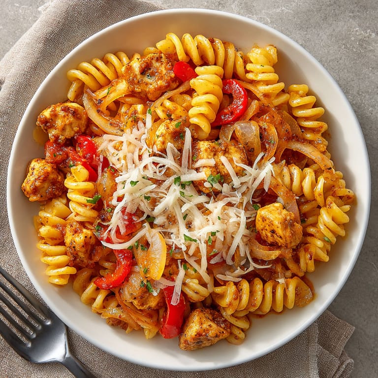 A bowl of pasta with chicken and peppers.