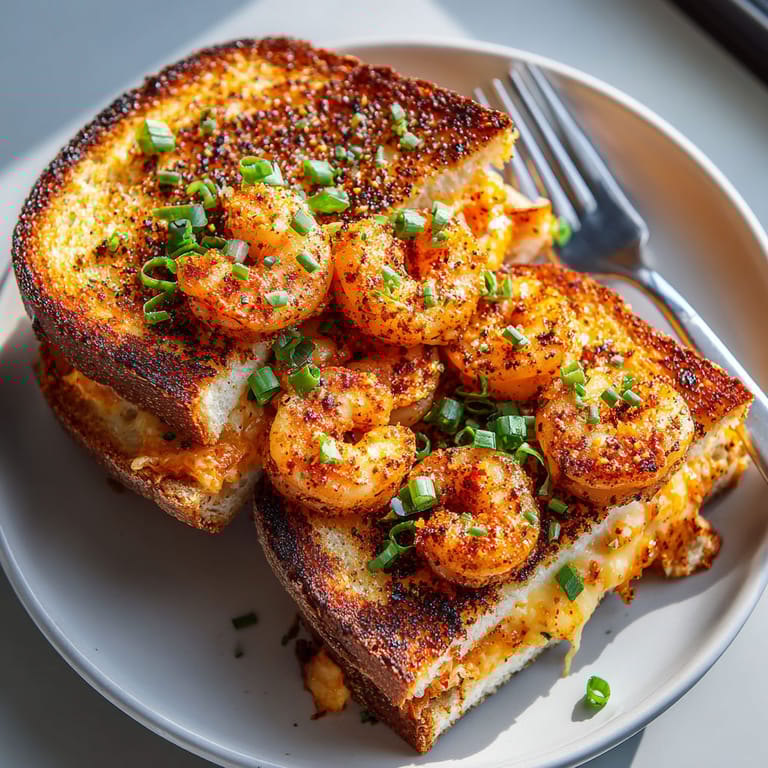 A plate of food with shrimp and toast.