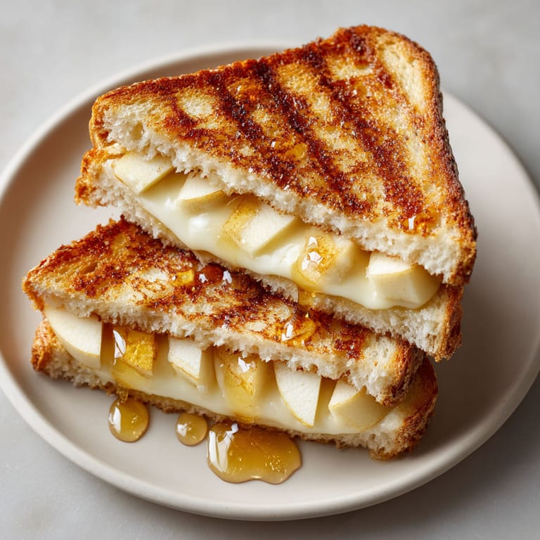 A slice of smoked gouda and apple grilled cheese.