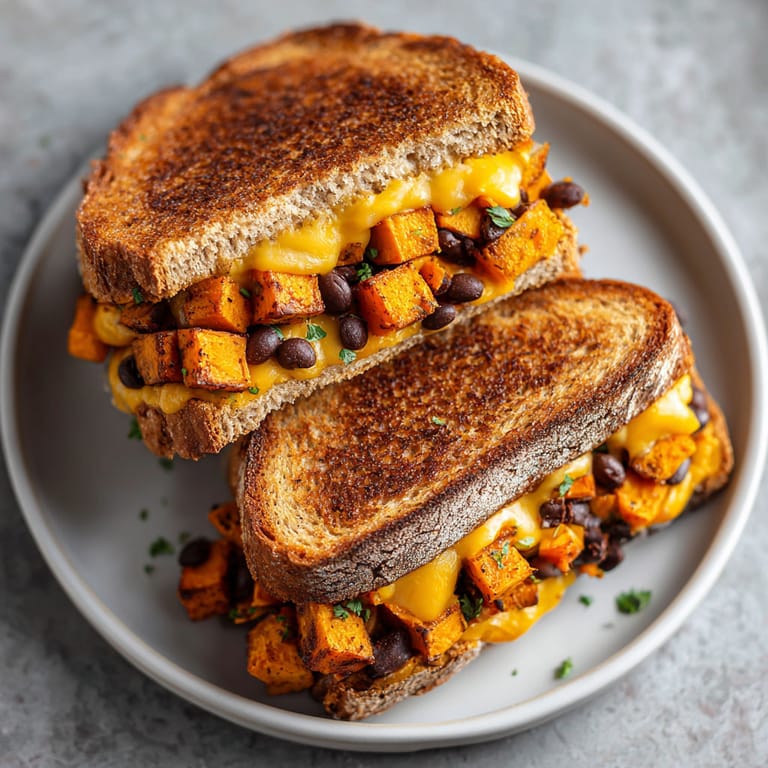 Two sandwiches with cheese and vegetables on a plate.