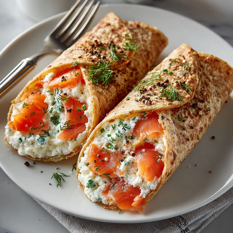 Two smoked salmon and cream cheese wraps on a plate.