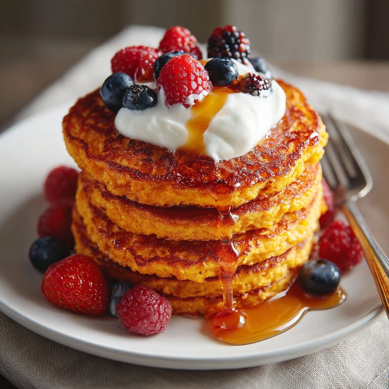 A stack of pancakes with blueberries and strawberries on top.
