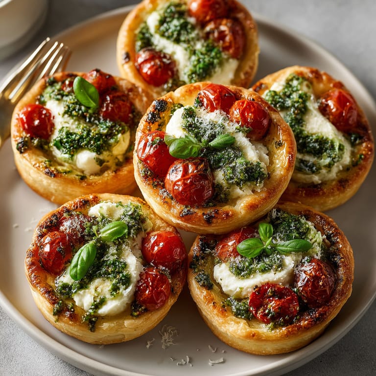 A plate of four mini pizzas with tomatoes and cheese.