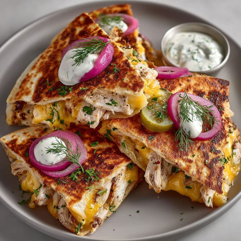 A plate of pickle-brined chicken quesadillas with tangy dill sauce.