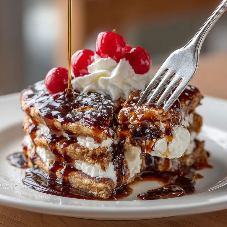 A plate of pancakes with a fork and syrup on it.
