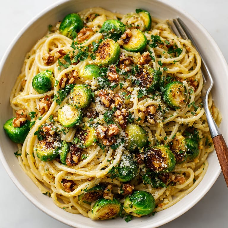 A bowl of pasta with brussels sprouts and walnuts.