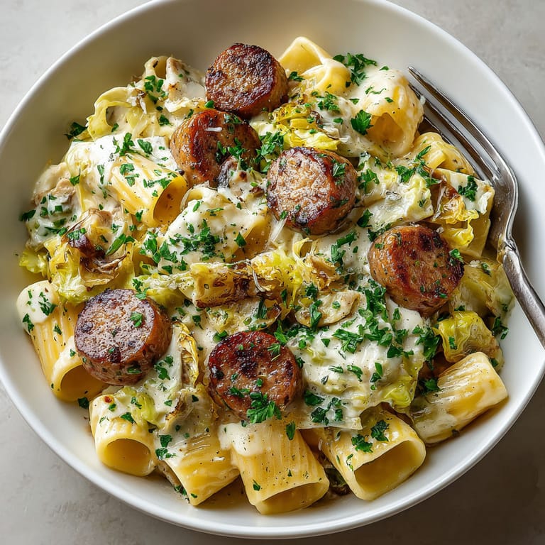 A bowl of creamy cabbage sausage pasta.