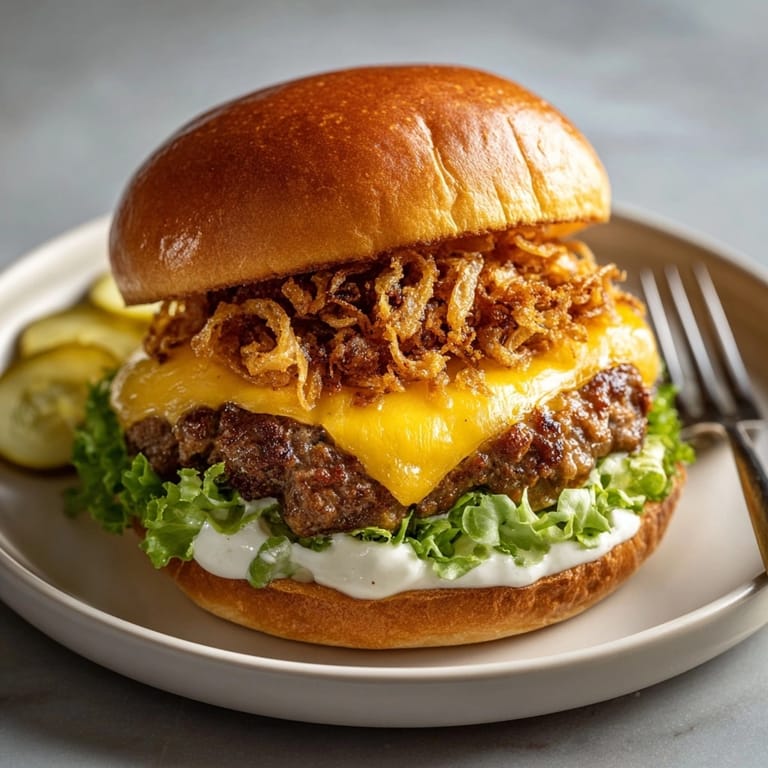 A platter of Aged Cheddar Smash Burgers with crispy onions and lettuce, perfect for summer grilling.