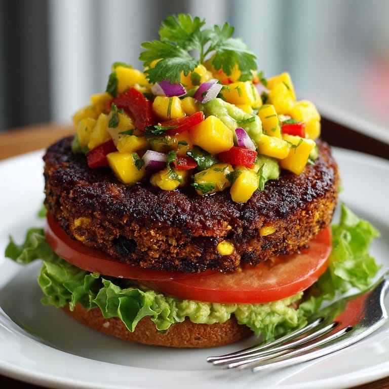 Close-up of juicy Black Bean Veggie Burgers with Mango Avocado Salsa and colorful veggie toppings.