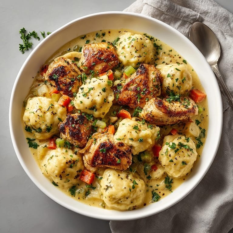 Hearty Southern Chicken &amp; Dumpling Comfort Skillet with savory gravy and soft, homemade dumplings ready to enjoy.