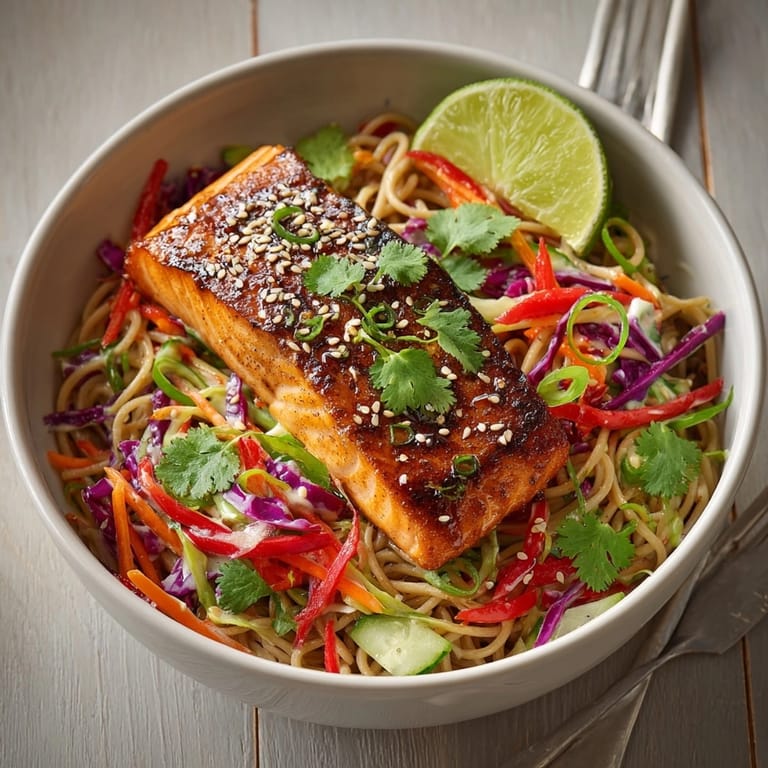 Teriyaki Salmon Soba Bowl with Crunchy Slaw displayed with juicy salmon, tossed noodles, and sesame-lime garnish.