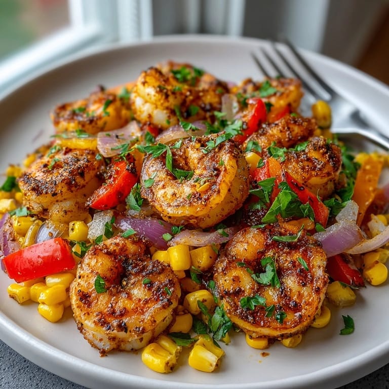 Close-up of succulent shrimp and charred corn in a vibrant Cajun Shrimp Skillet garnished with parsley.