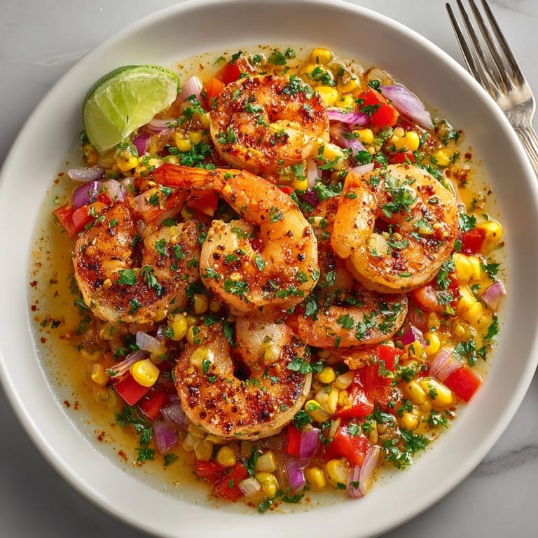 Hearty Cajun Shrimp Skillet with Charred Corn, bell peppers, and lime wedges perfect for weeknight dinners.