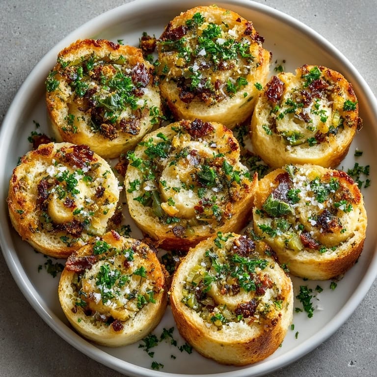 Close-up of stuffing rolls with fresh herbs and caramelized onion, perfect for Thanksgiving dinner.