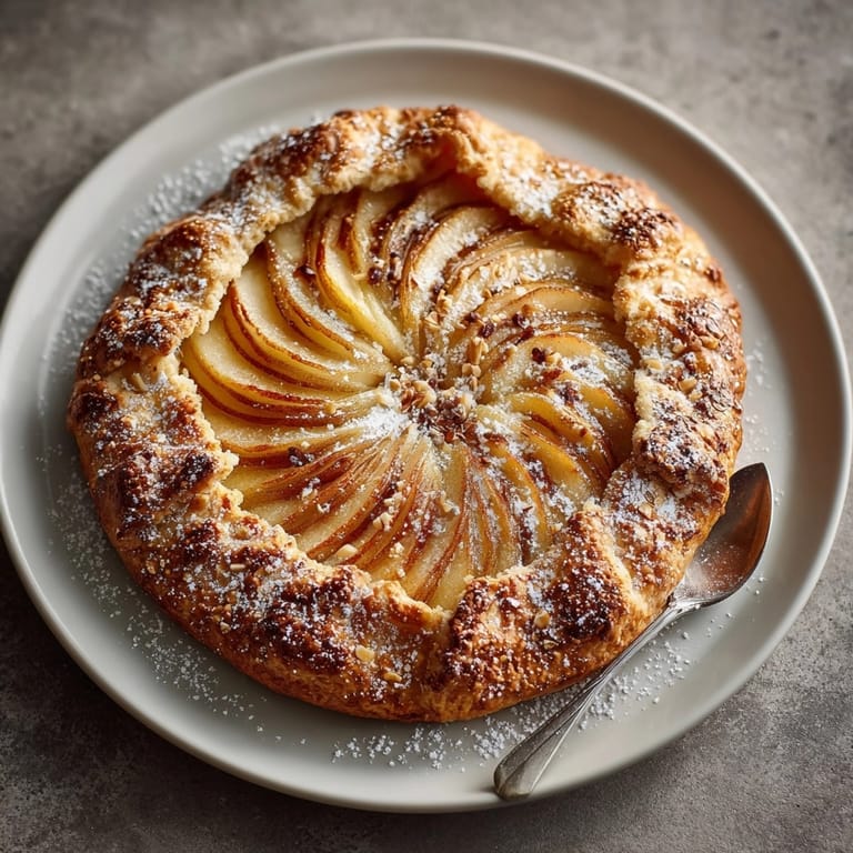 French-inspired rustic pear-almond cinnamon galette fresh from the oven, dusted with powdered sugar.