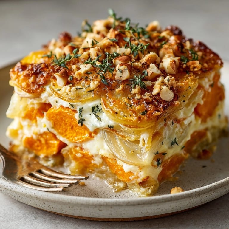 Freshly baked sweet potato gratin with caramelized hazelnuts served in a bubbling, cheesy casserole dish