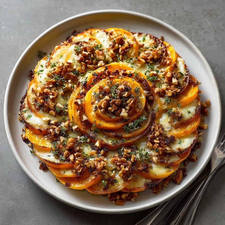 Creamy French-inspired sweet potato gratin with caramelized hazelnuts, perfect as a festive holiday side