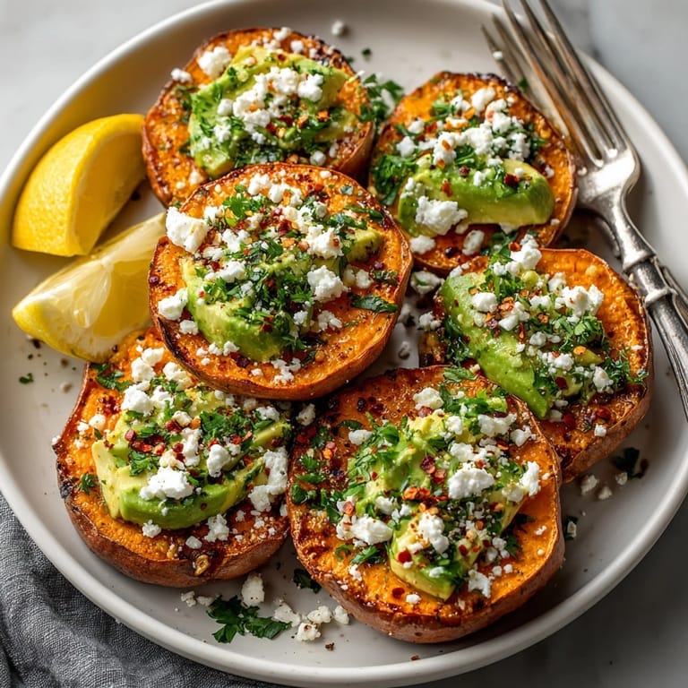 Healthy garlic sweet potato toasts served warm, finished with chili flakes and feta cheese.