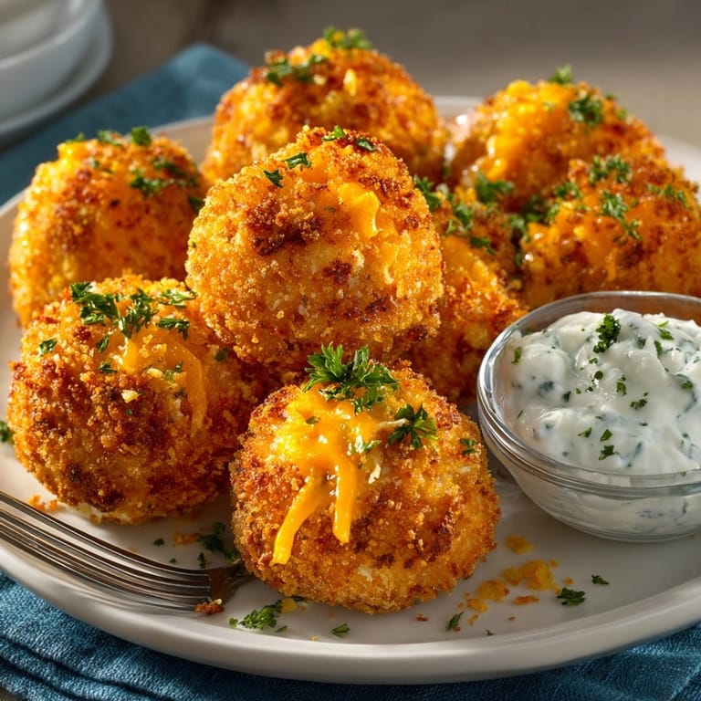 Close-up of Buffalo Chicken Croquettes with Spicy Ranch served hot for party appetizers.