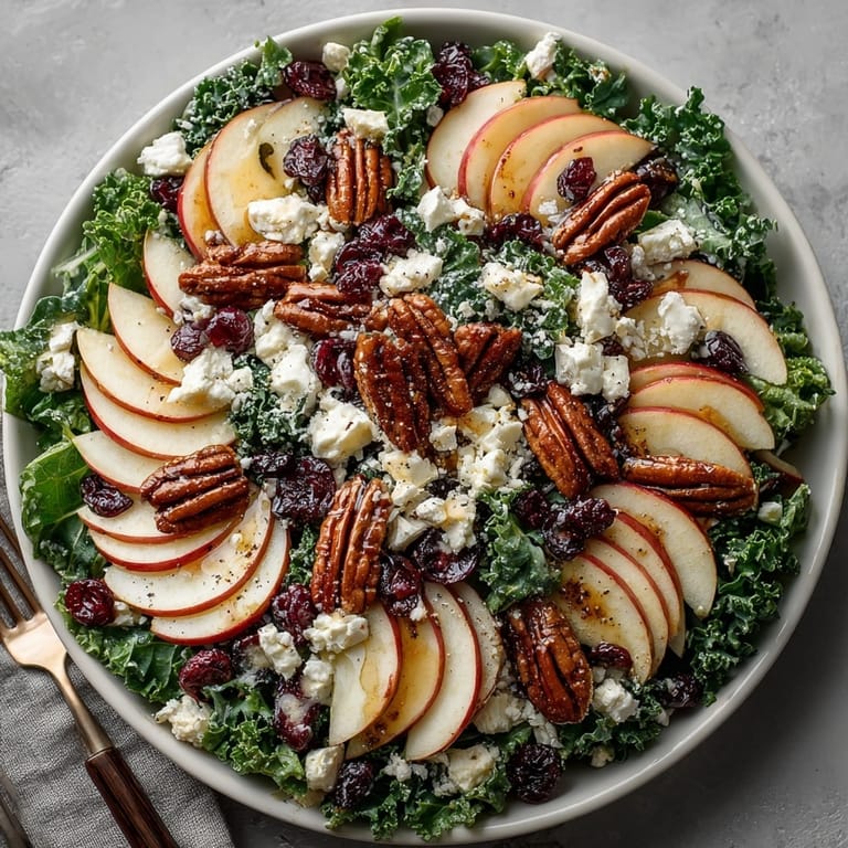 Toasted pecans and sweet-tart apples crown this Autumn Kale Salad with Maple Dressing for a festive table