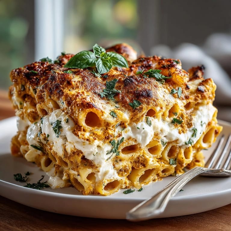 Creamy Pumpkin Burrata Baked Ziti Golden-Dusk in a golden crust, perfect for cozy fall dinners.