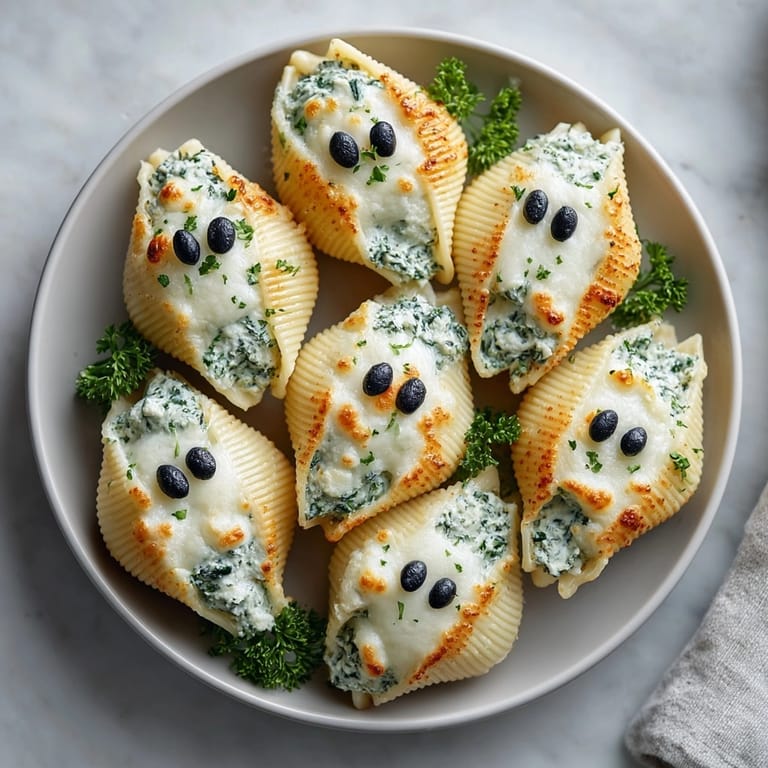 Savory Halloween Stuffed Shells: Al dente pasta shells with creamy spinach and ricotta.