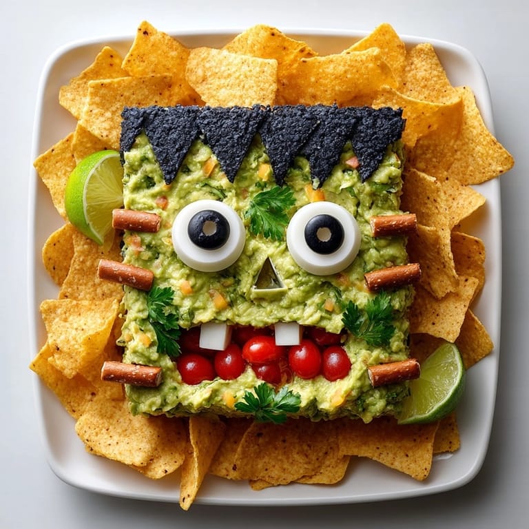 Serving platter with chilled, chunky Frankenstein Guacamole and crispy tortilla chips—a delicious, themed appetizer!
