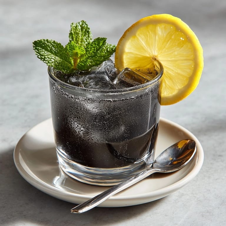 Icy cold glass of Charcoal Lemonade; healthy and detoxifying beverage, perfect for summer.