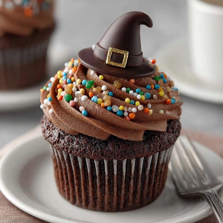 Delicious Witch Hat Surprise Cupcakes, perfect for Halloween, topped with charming chocolate-dipped cone hats.