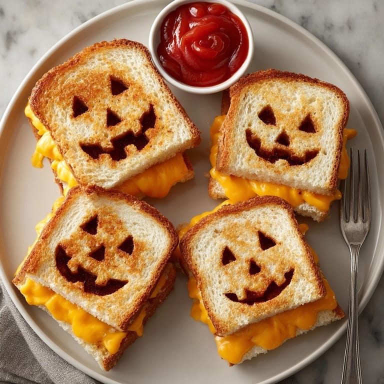 Melty Jack-o'Lantern Grilled Cheese Sandwiches, kid-friendly Halloween treat with sharp cheddar.