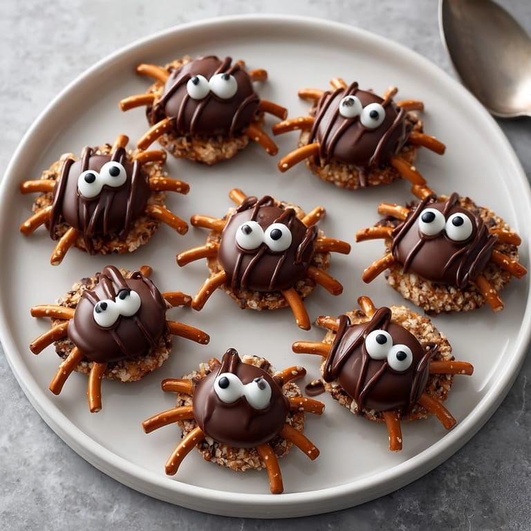Easy Halloween dessert: No-bake chocolate pretzel spiders, chilled, with sweet candy eyes.