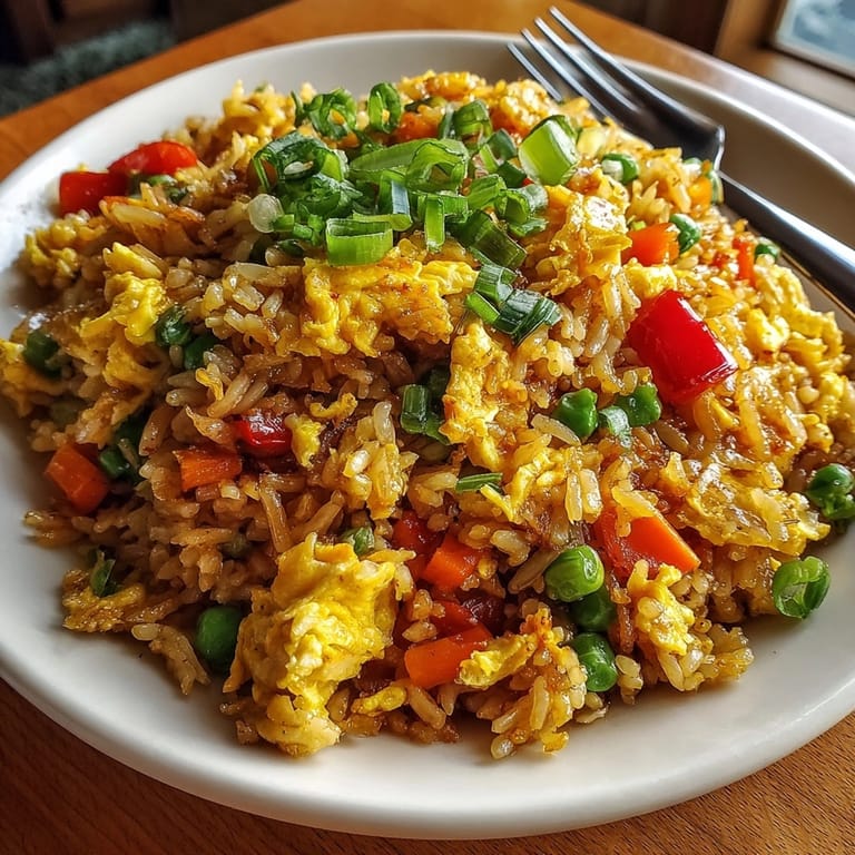 Enjoy a tasty One-Pan Egg Fried Rice with soy sauce and fresh green onions.