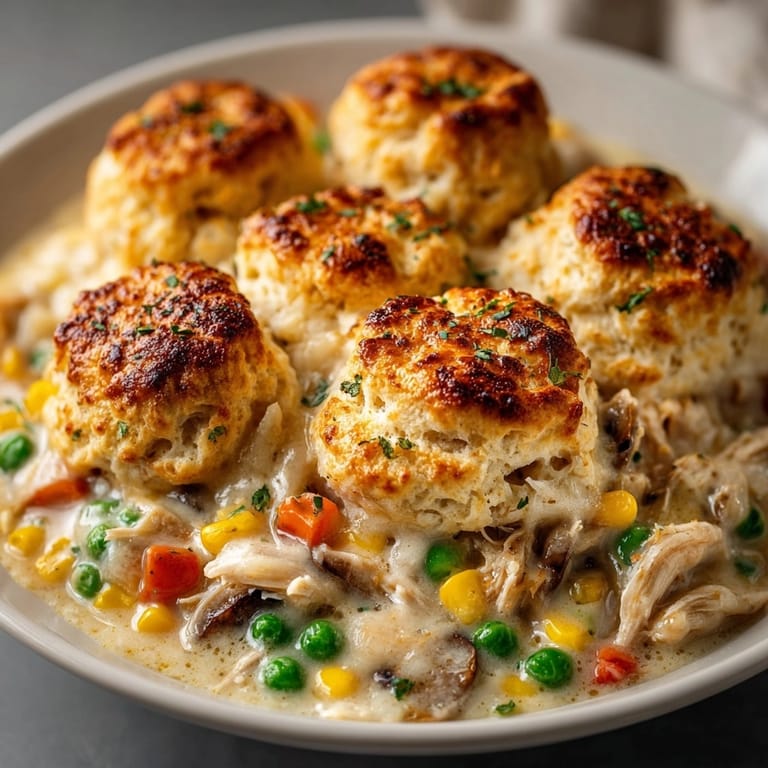 Easy Lazy Chicken Pot Pie Casserole: flaky biscuit topping over savory filling comfort food.
