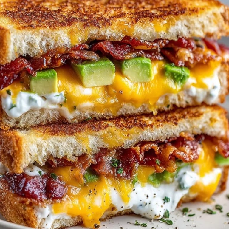 Buttery Bacon Avocado Ranch Grilled Cheese: Layers of crispy bacon and soft avocado inside.