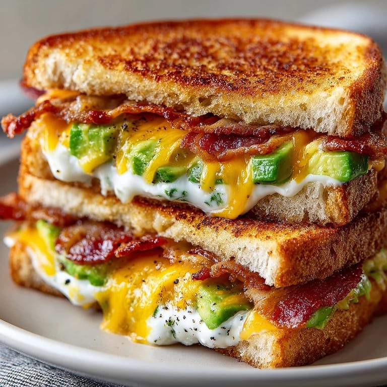 Hot, savory Bacon Avocado Ranch Grilled Cheese sandwich ready to be served with soup.