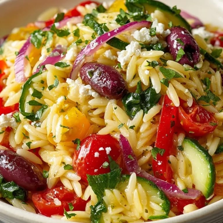 Close-up of a fresh Mediterranean Orzo Bowl: creamy feta, herbaceous orzo, bright tomatoes.