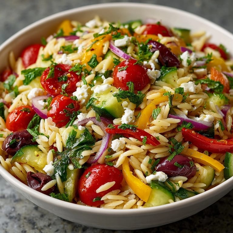 Homemade Mediterranean Orzo Bowl, ready to serve: a colorful, healthy, and satisfying meal.