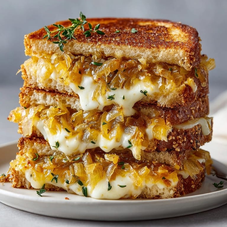 Close-up of a warm French Onion Grilled Cheese, crisp perfection with cheese pull.