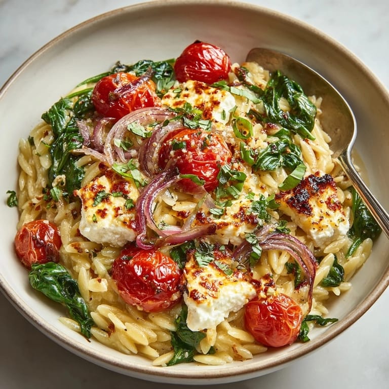 Scoops of savory Baked Feta Orzo with Spinach; a rich, delicious vegetarian meal.