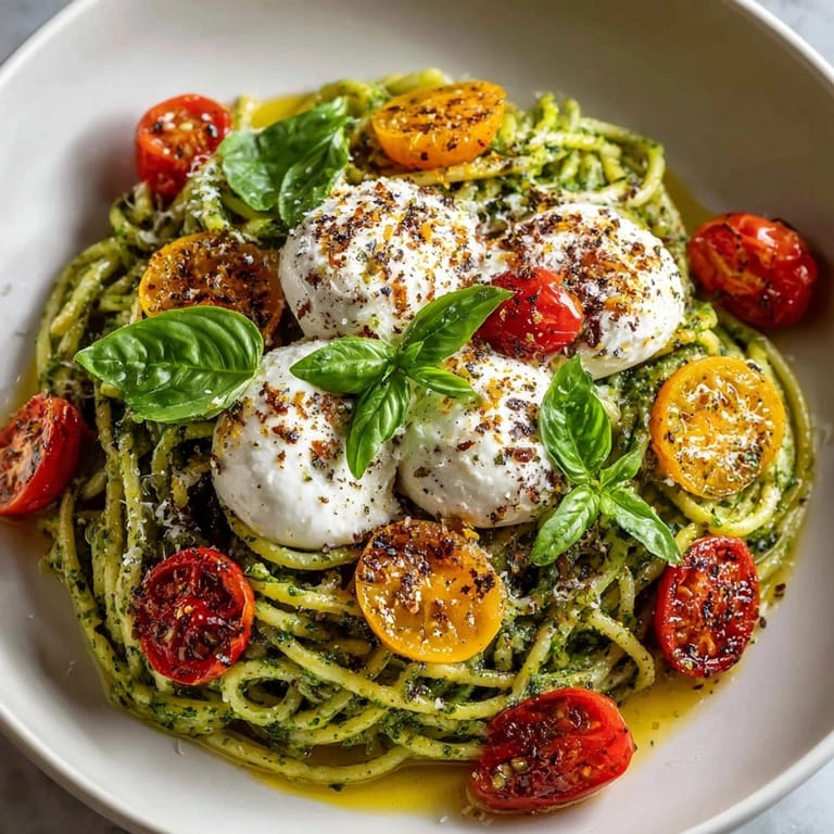 A bowl of fresh Pesto Pasta with Burrata: an Italian classic ready to eat.