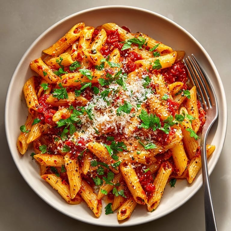 Overhead shot of Spicy Arrabbiata Pasta: penne coated in rich, red, spicy tomato sauce.