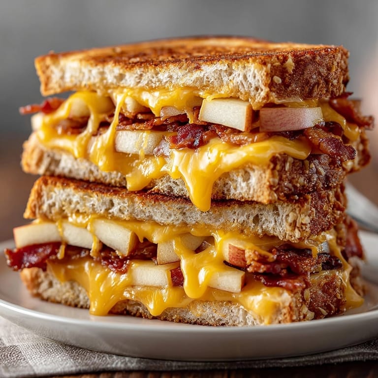 Imagine a warm Apple Cheddar Bacon Grilled Cheese with sourdough, sharp cheese and apples.